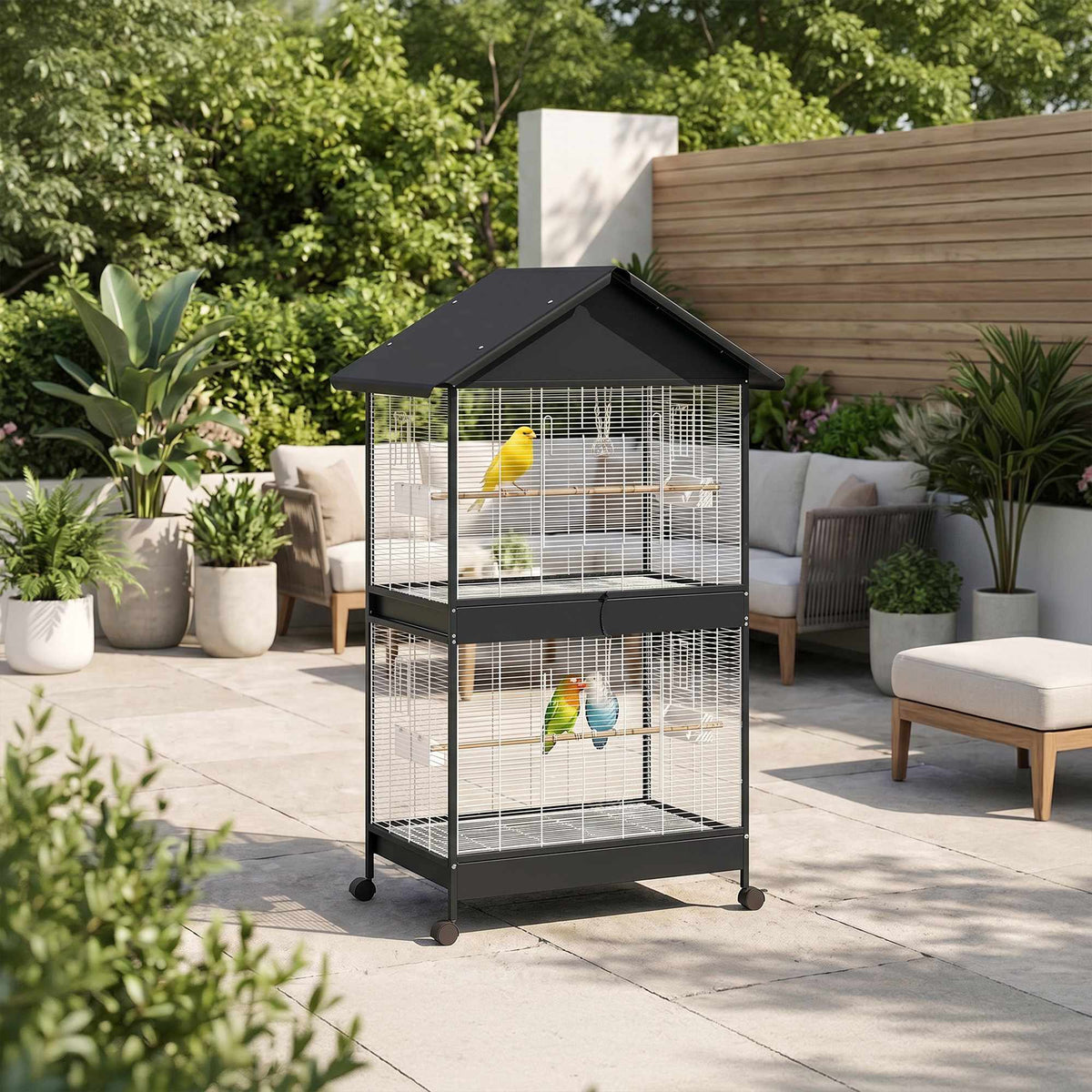 Large Bird Cage with Removable Divider, Wheels, White/Black