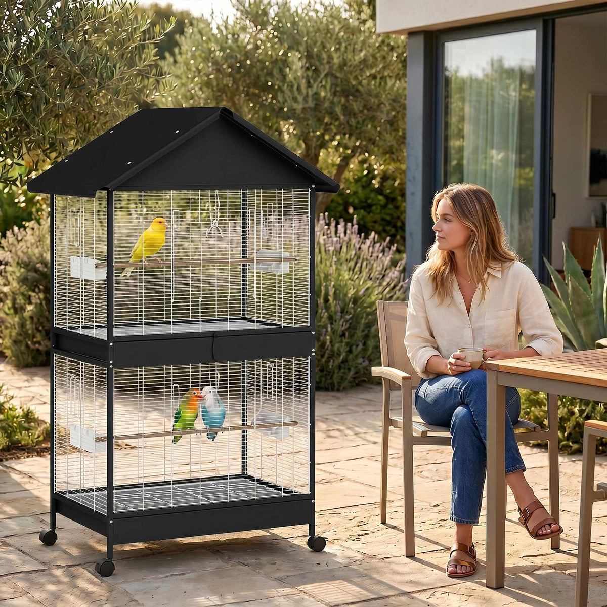 Large Bird Cage with Removable Divider, Wheels, White/Black