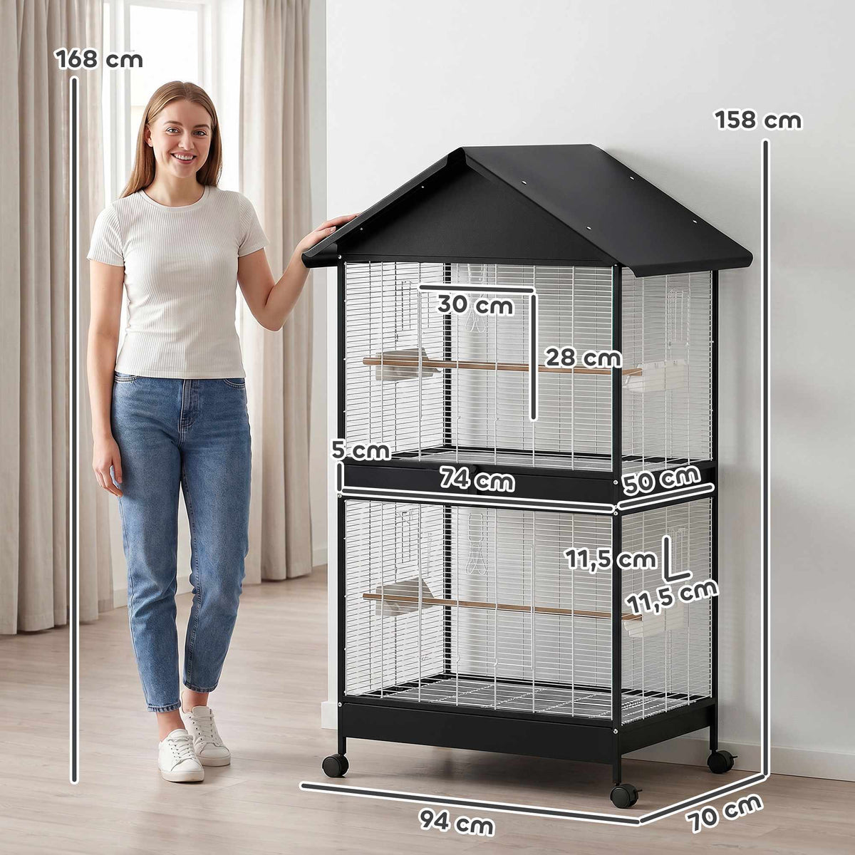Large Bird Cage with Removable Divider, Wheels, White/Black