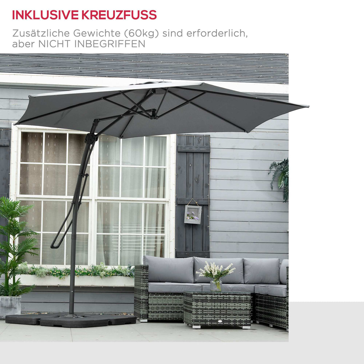 Large Dark Grey Patio Umbrella with Stand, Metal Frame