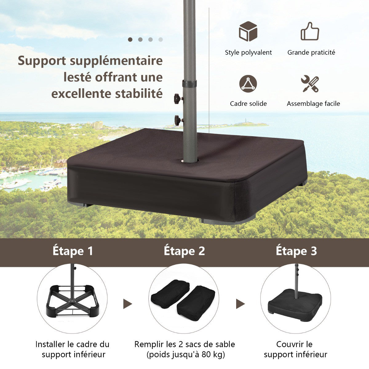 Large Double Patio Umbrella with Solar LED Lights, Brown