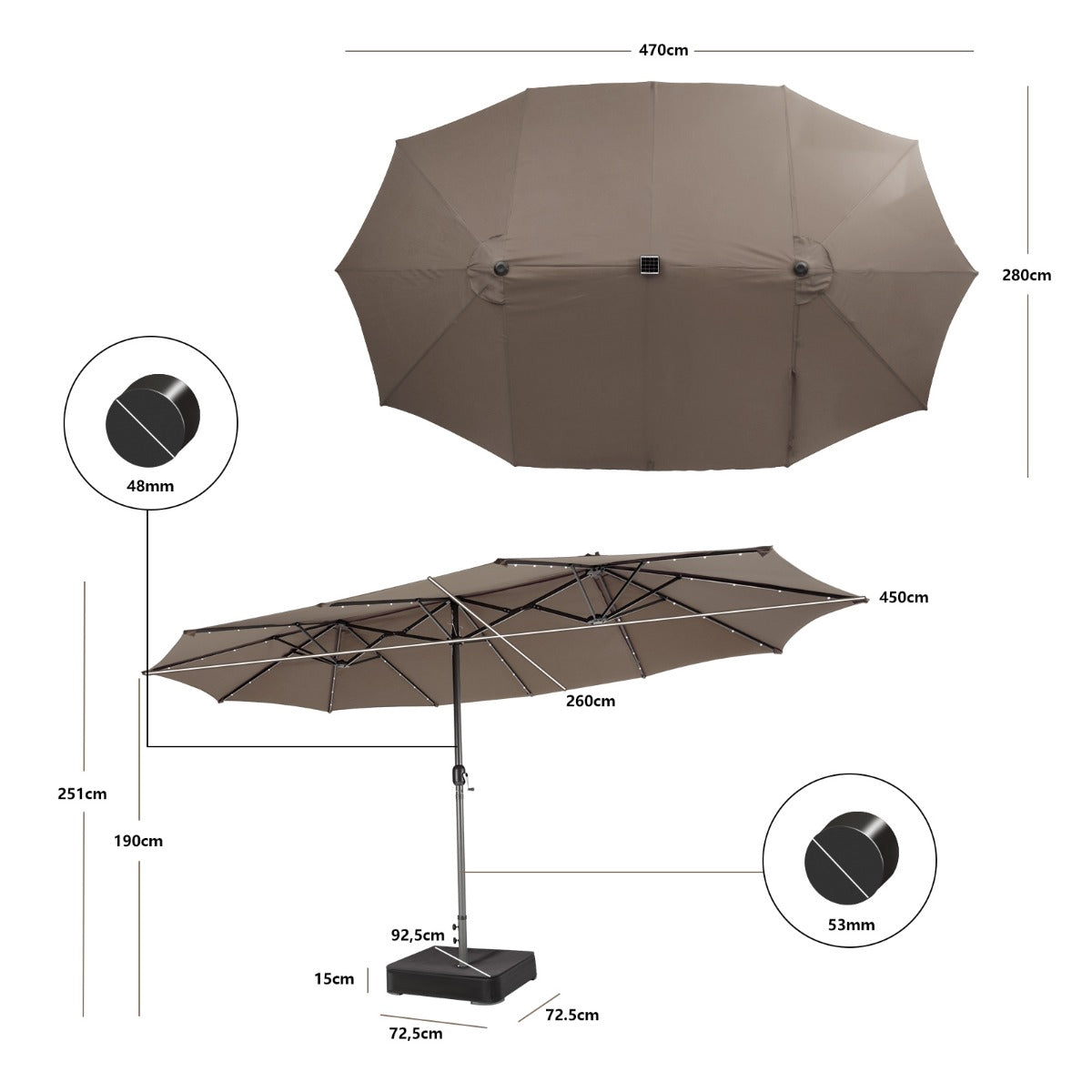 Large Double Patio Umbrella with Solar LED Lights, Brown