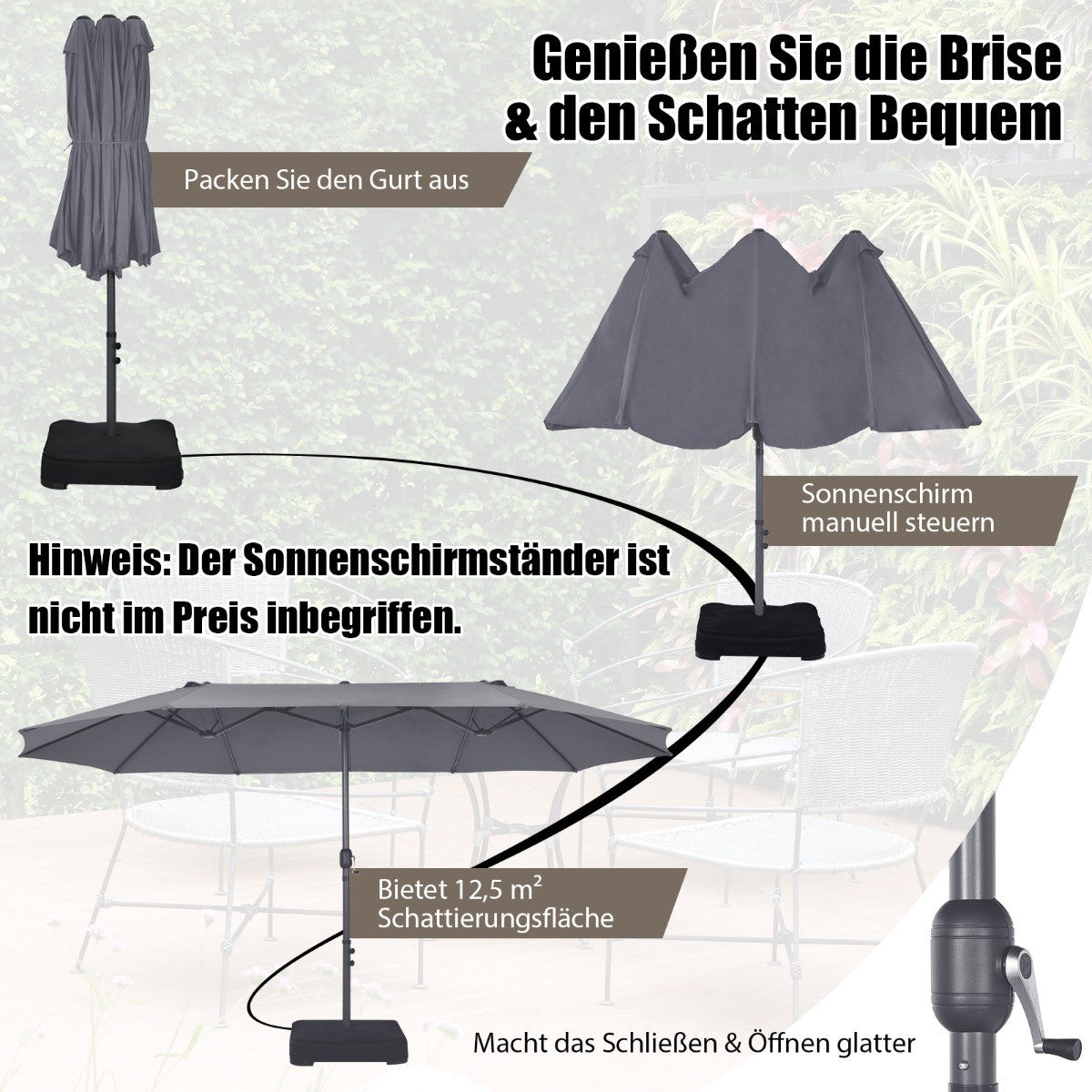 Large Double Umbrella with Crank, Dark Grey, 2.7m x 4.6m