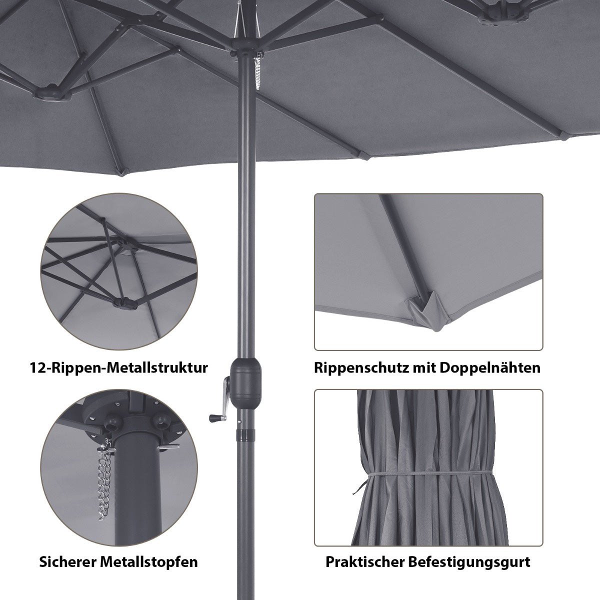 Large Double Umbrella with Crank, Dark Grey, 2.7m x 4.6m