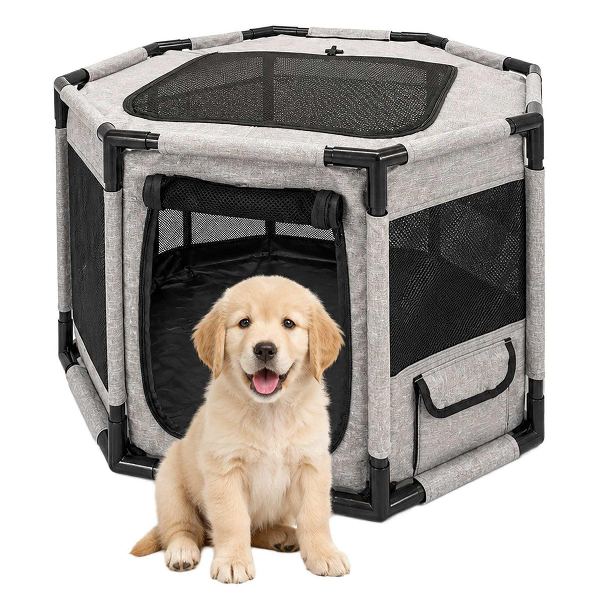 Large Indoor & Outdoor Puppy Playpen, Grey/Black Polyester