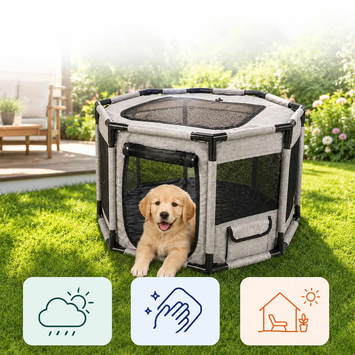 Large Indoor & Outdoor Puppy Playpen, Grey/Black Polyester