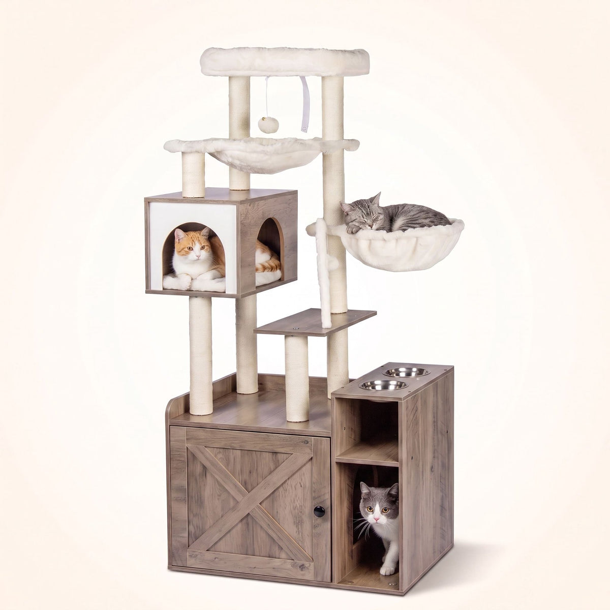 Large White Cat Tree with Litter Cabinet & Sisal Posts