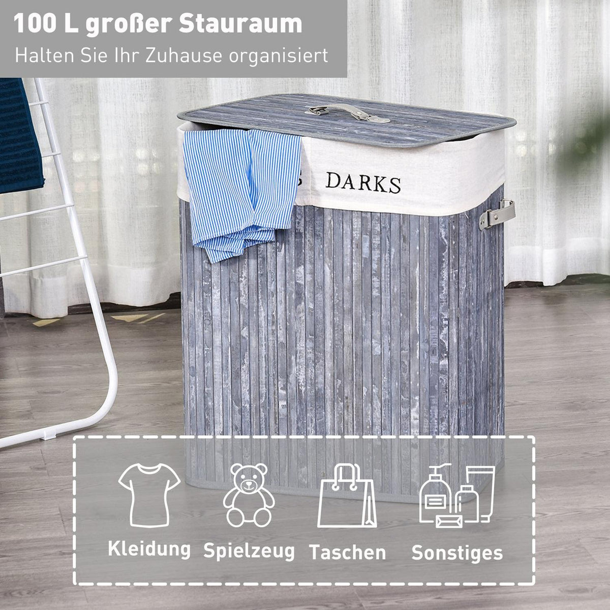 Laundry Basket 100L Laundry Box Laundry Collector With Lid, Washable Laundry Bag, Canvas + Bamboo, Gray, 52X32X63Cm