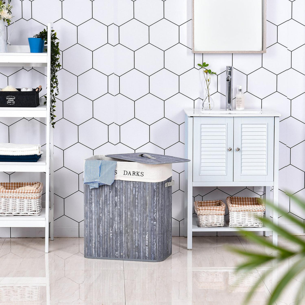 Laundry Basket 100L Laundry Box Laundry Collector With Lid, Washable Laundry Bag, Canvas + Bamboo, Gray, 52X32X63Cm