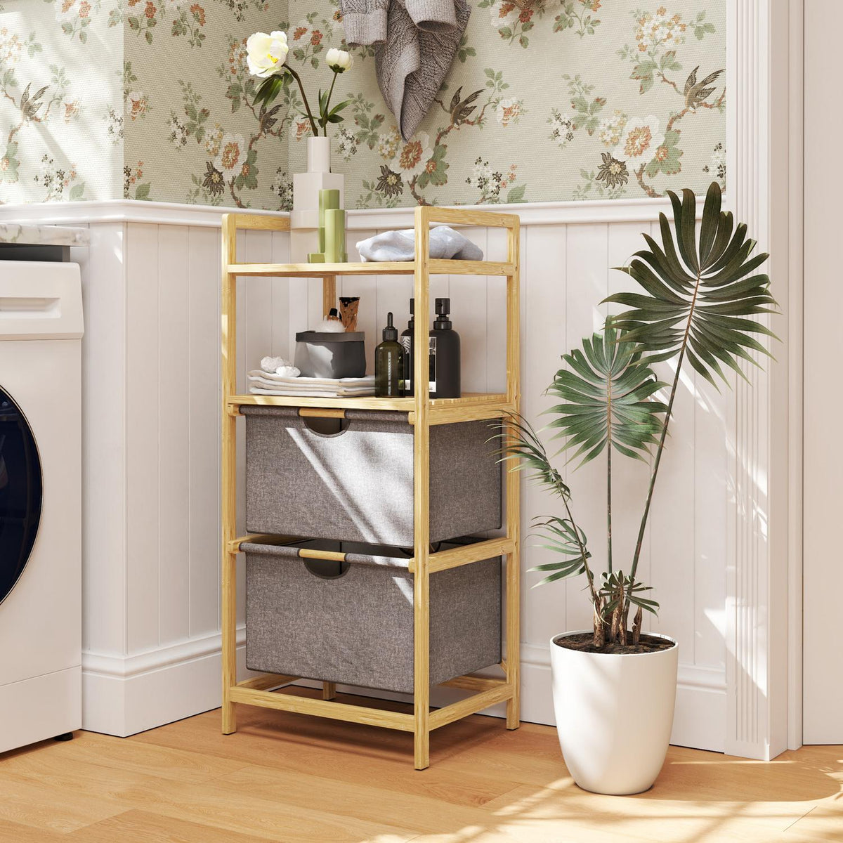 Laundry Basket 35.4 L Laundry Hamper with 2 Fabric Laundry Baskets Open Shelves Laundry Box with Handle for Bathroom Bamboo Natural