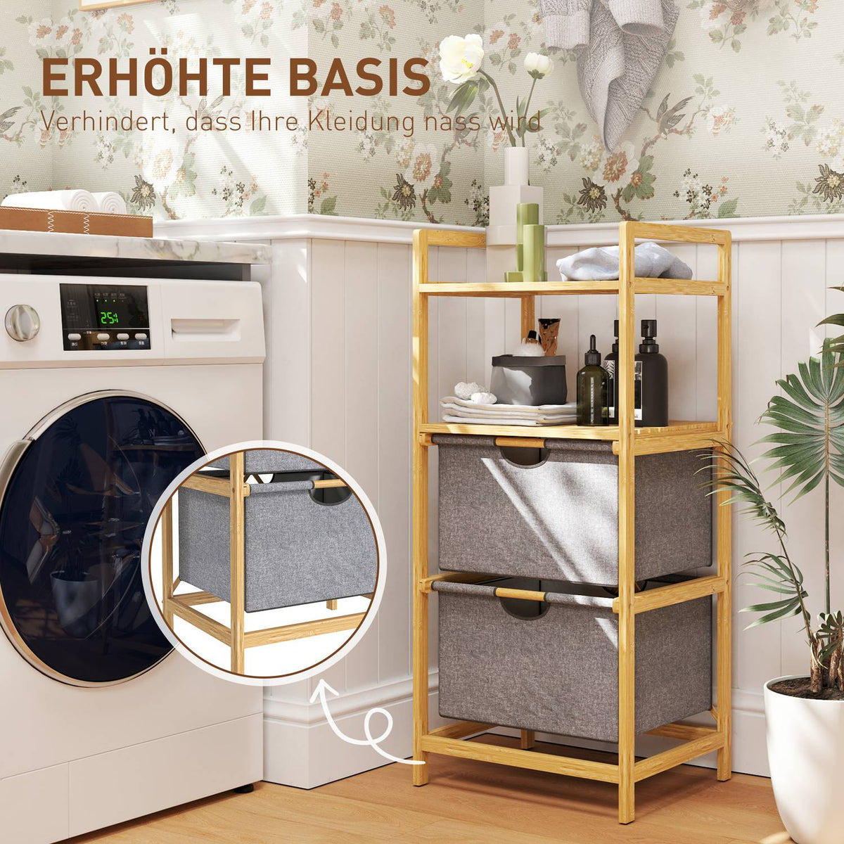 Laundry Basket 35.4 L Laundry Hamper with 2 Fabric Laundry Baskets Open Shelves Laundry Box with Handle for Bathroom Bamboo Natural