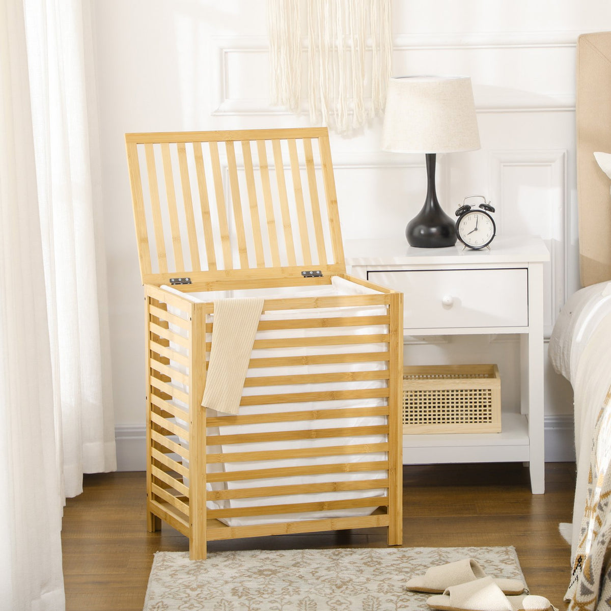 Laundry Basket 55L Bamboo Laundry Chest With Lid & Removable Laundry Bag For Bedroom, Bathroom, Natural, 50X36X60Cm