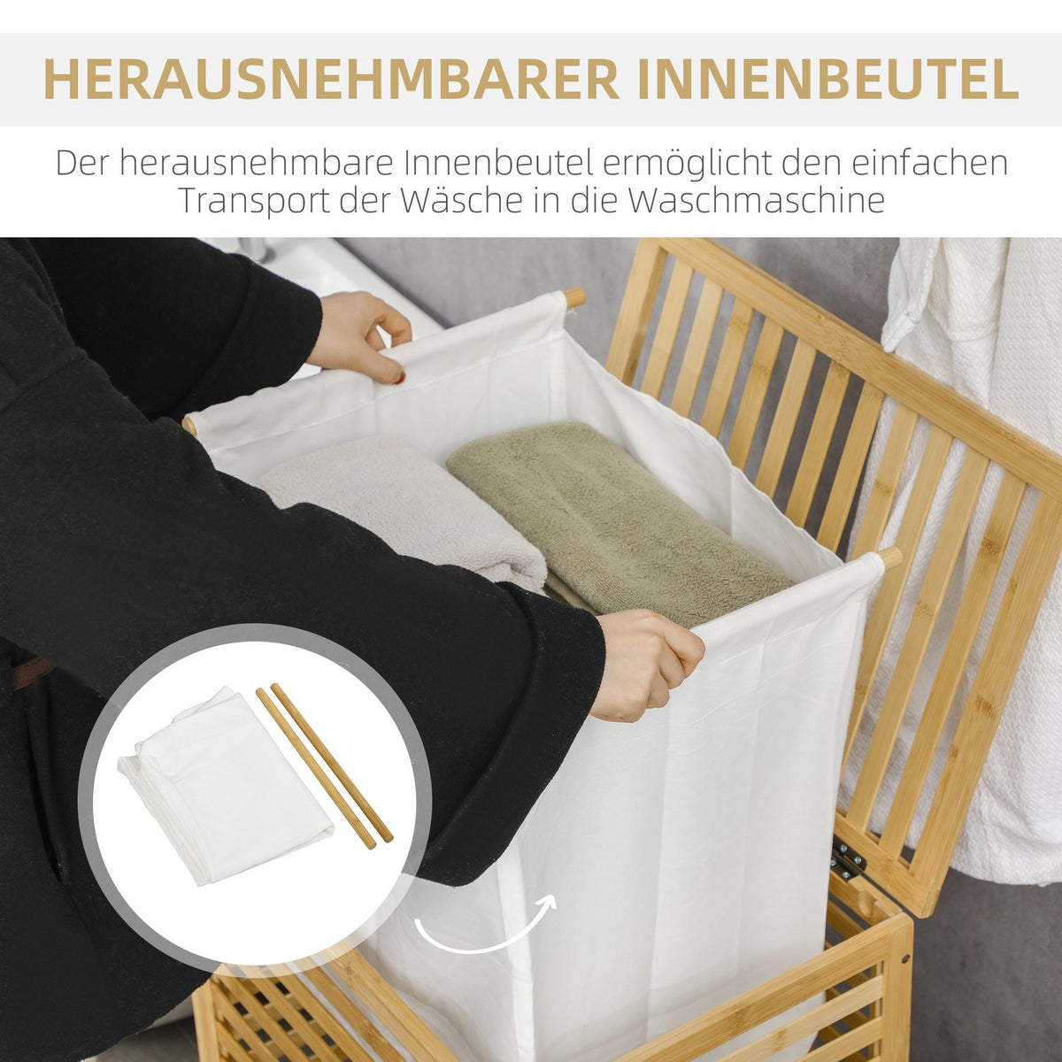 Laundry Basket 55L Bamboo Laundry Chest With Lid & Removable Laundry Bag For Bedroom, Bathroom, Natural, 50X36X60Cm