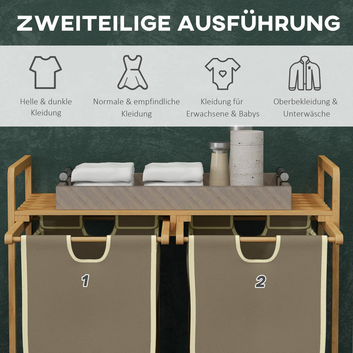 Laundry Basket Laundry Box With 2 Removable Laundry Bags Laundry Hamper For Bathroom Bamboo Cream 63.5 X 33 X 73 Cm