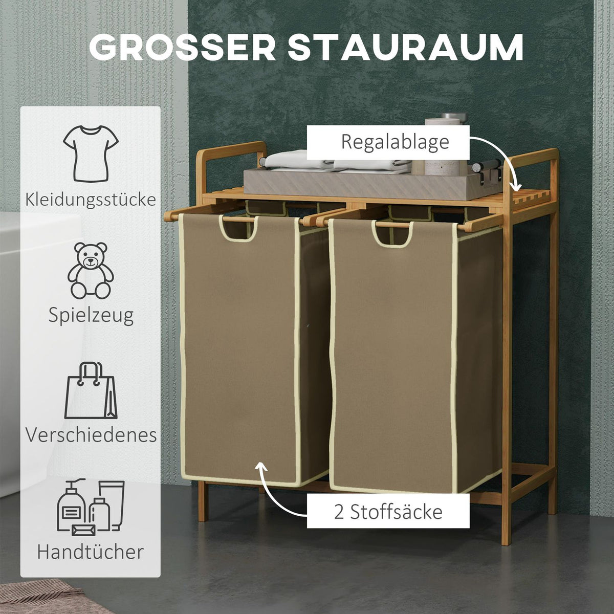 Laundry Basket Laundry Box With 2 Removable Laundry Bags Laundry Hamper For Bathroom Bamboo Cream 63.5 X 33 X 73 Cm