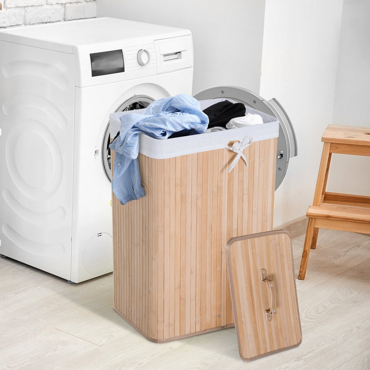 Laundry Basket Laundry Box With Lid Laundry Hamper Canvas Bag Bamboo Foldable 72L Natural 40 X 30 X 60 Cm