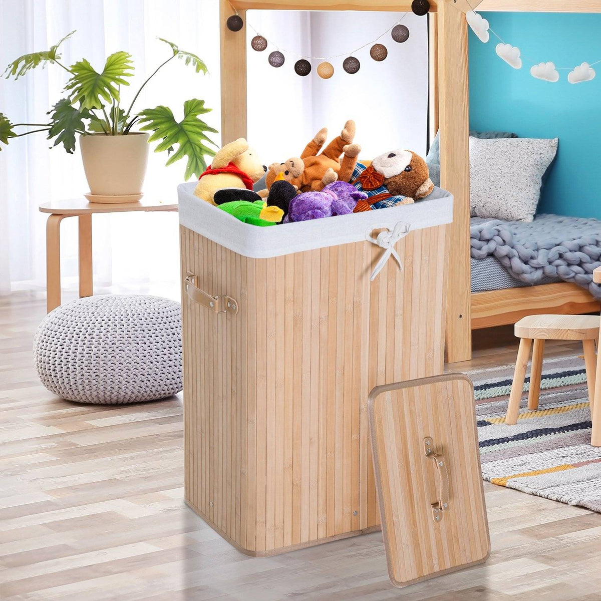 Laundry Basket Laundry Box With Lid Laundry Hamper Canvas Bag Bamboo Foldable 72L Natural 40 X 30 X 60 Cm