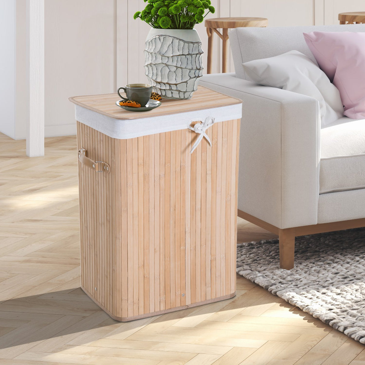 Laundry Basket Laundry Box With Lid Laundry Hamper Canvas Bag Bamboo Foldable 72L Natural 40 X 30 X 60 Cm