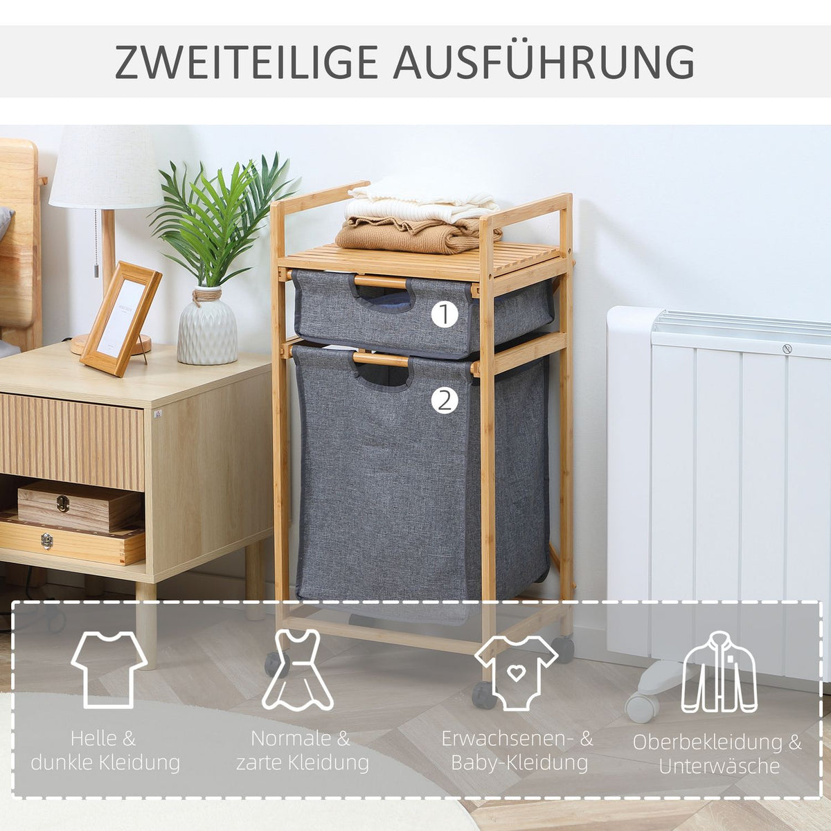 Laundry Basket With 2 Fabric Bags, Bamboo Laundry Box On Wheels, Laundry Basket, Storage Basket, Natural Wood + Gray, 42X35X84.5Cm