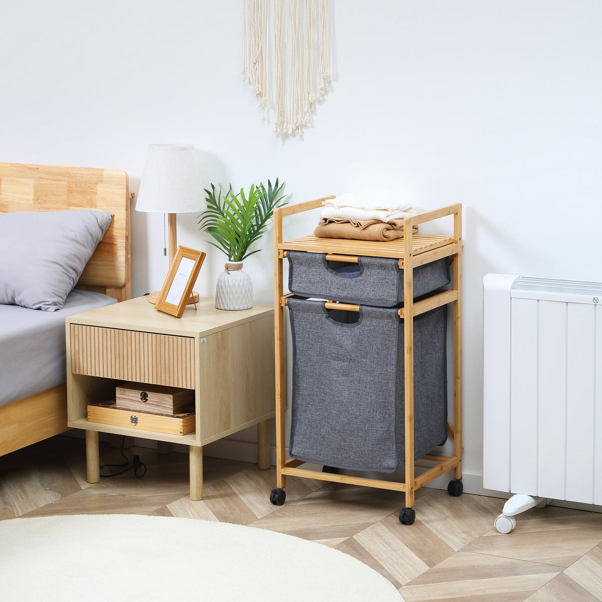 Laundry Basket With 2 Fabric Bags, Bamboo Laundry Box On Wheels, Laundry Basket, Storage Basket, Natural Wood + Gray, 42X35X84.5Cm