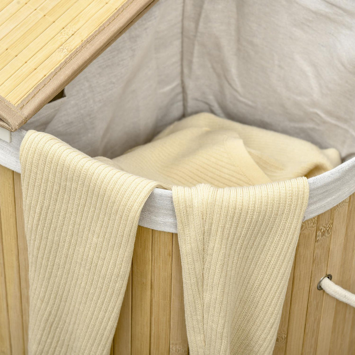 Laundry Basket With Lid, 2 Sections, Removable Laundry Sorter, Natural Bamboo, For Laundry Organization