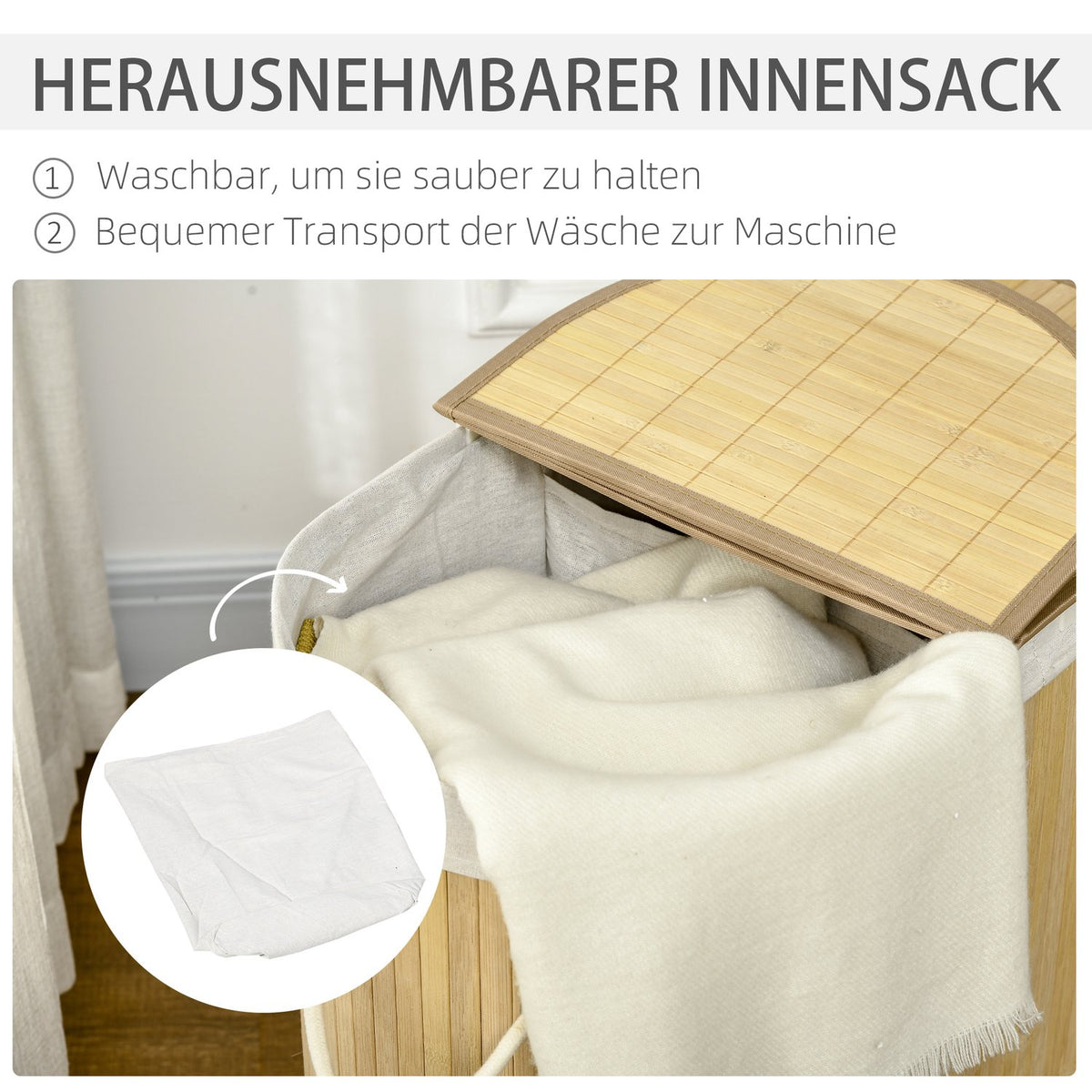 Laundry Basket With Lid, 2 Sections, Removable Laundry Sorter, Natural Bamboo, For Laundry Organization