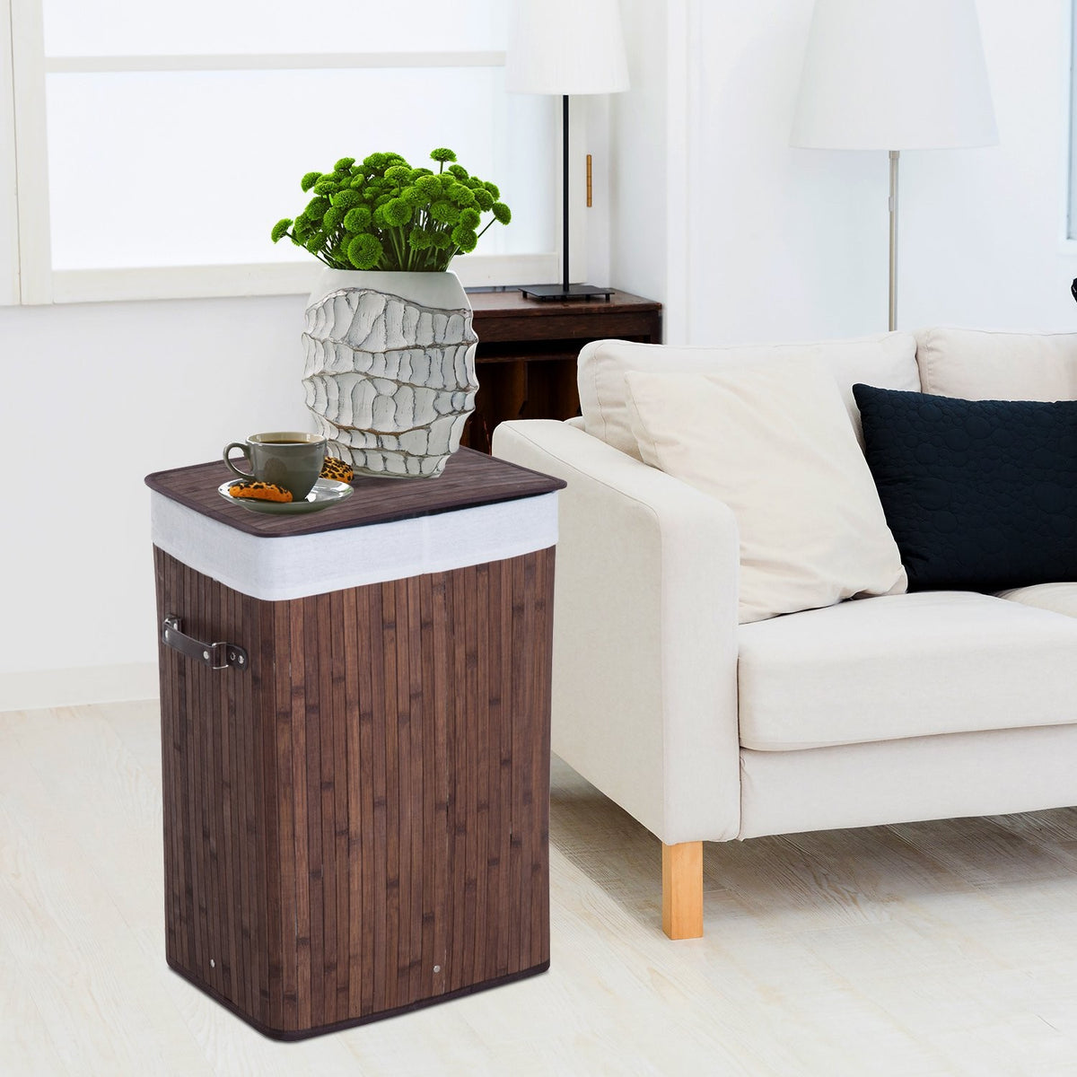 Laundry Basket With Lid 72L Laundry Hamper Foldable Washable Laundry Bag Bamboo With Handles Dark Brown 40X30X60Cm
