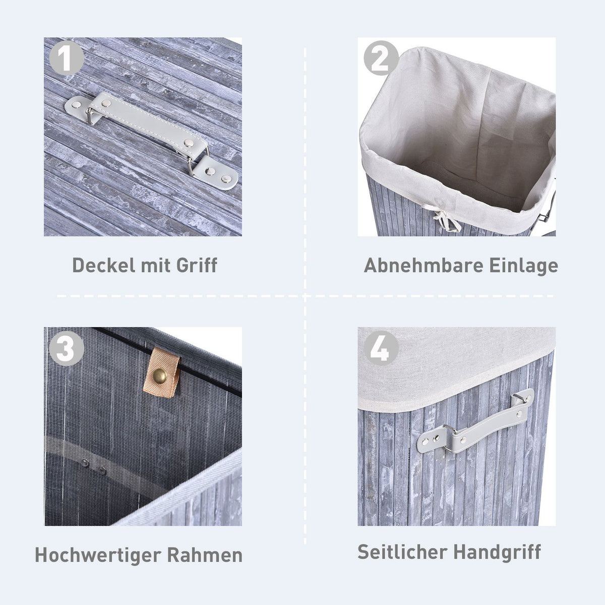 Laundry Basket With Lid 72L Laundry Hamper Foldable Washable Laundry Bag Bamboo With Handles Gray 40X30X60Cm