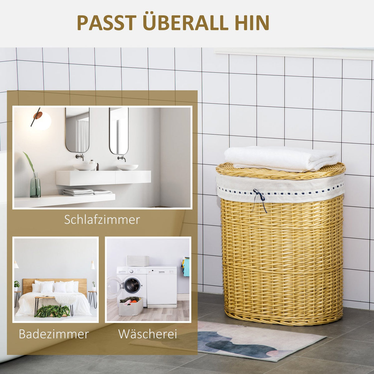 Laundry Basket With Lid Laundry Box Made Of Wicker, Natural, 100L, 51X38X57Cm
