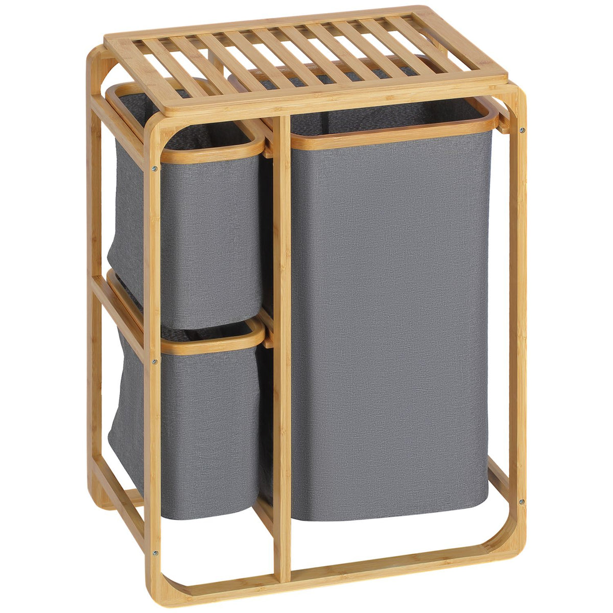 Laundry Basket With Platform Bamboo Laundry Hamper With 3 Removable Laundry Bags, Laundry Sorter, Grey+Natural, 50X32X69.7Cm