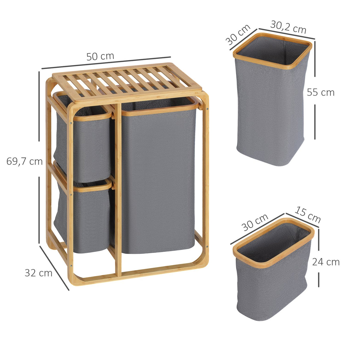 Laundry Basket With Platform Bamboo Laundry Hamper With 3 Removable Laundry Bags, Laundry Sorter, Grey+Natural, 50X32X69.7Cm