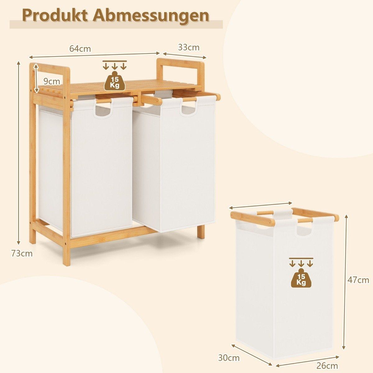 Laundry Basket with 2 Removable Bags, Bamboo, White