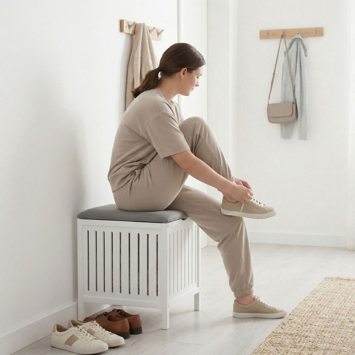 Laundry Hamper Stool – Walnut Wood, Padded Seat Lid