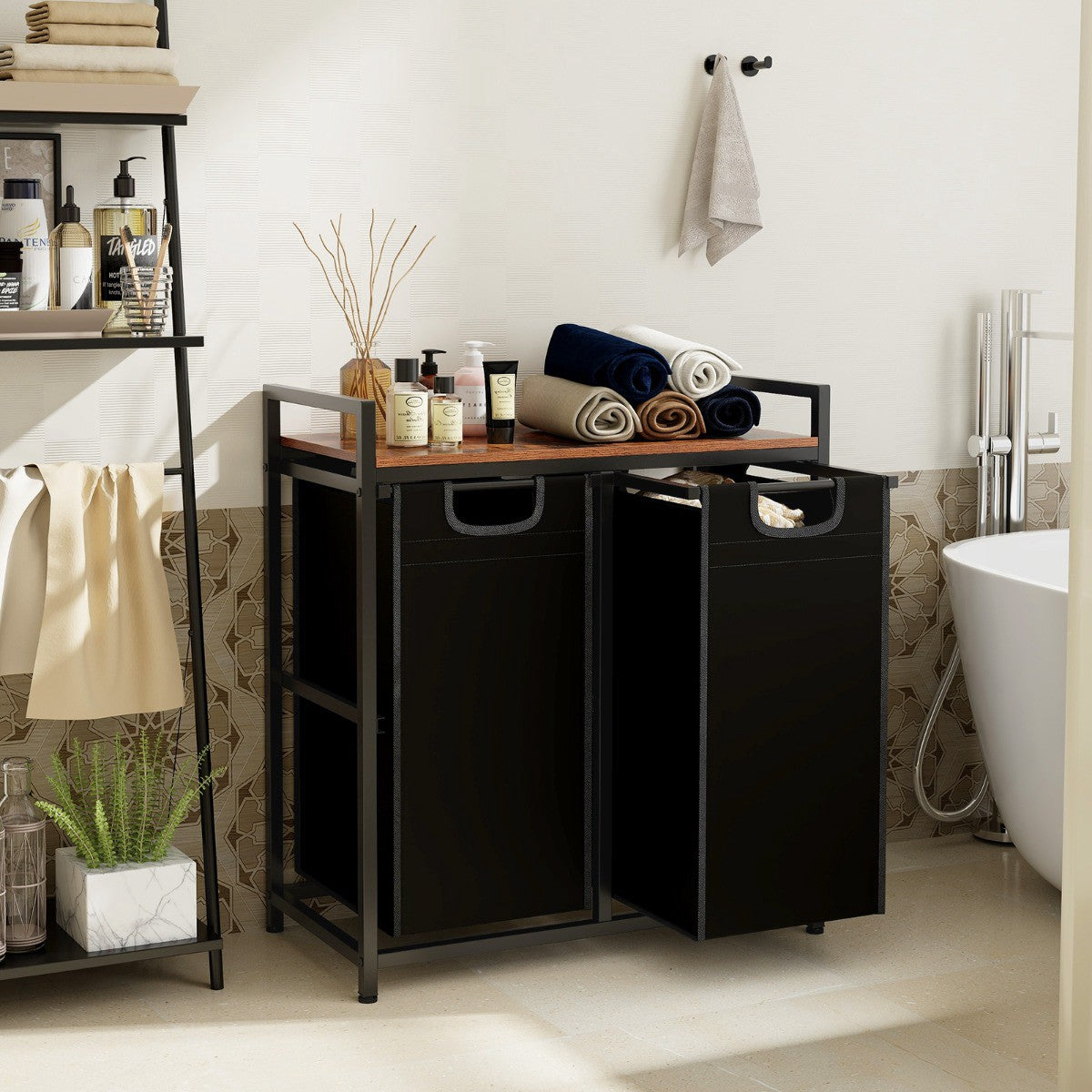 Laundry Hamper With Shelf, 2 Removable Bags, Black Brown