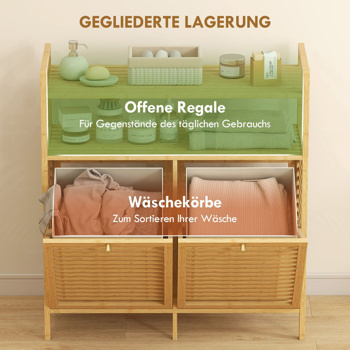 Laundry Rack with 2 Baskets, Freestanding Bamboo