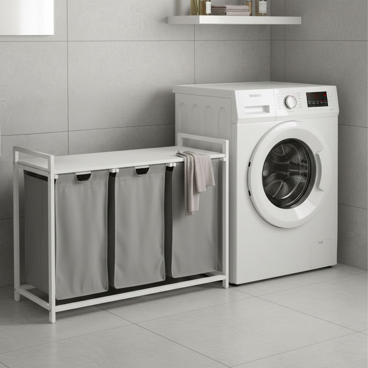 Laundry Sorter, 3 Removable Bags, Wood-Effect Shelf