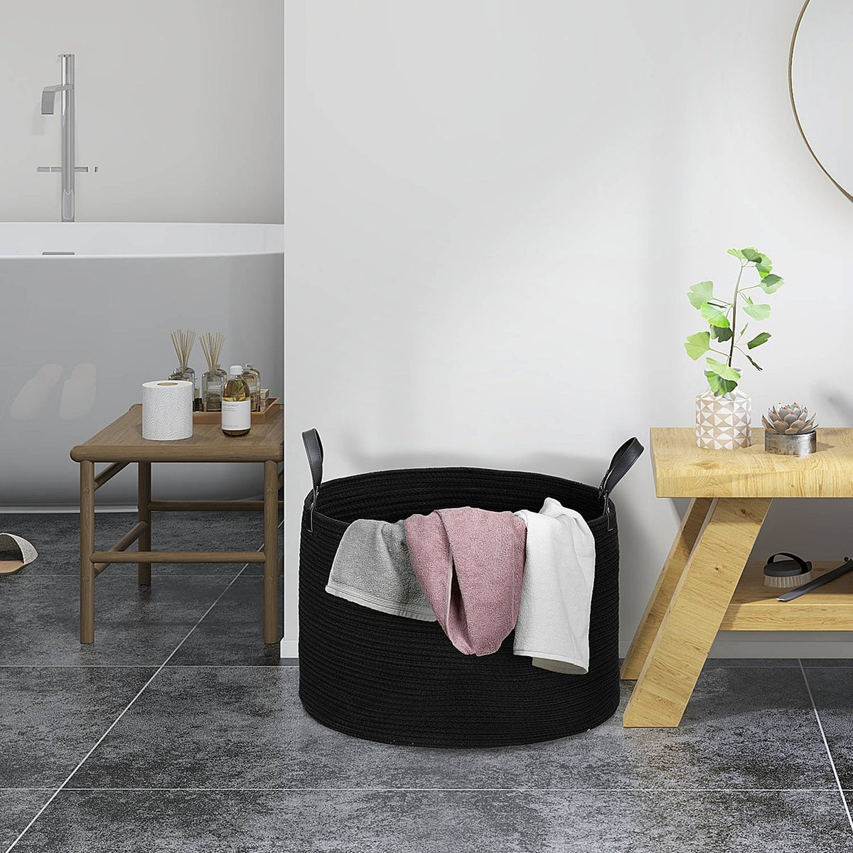 Laundry bag, 88L, portable, foldable, faux leather handles, cotton, Ø56 x 35.5H cm, black