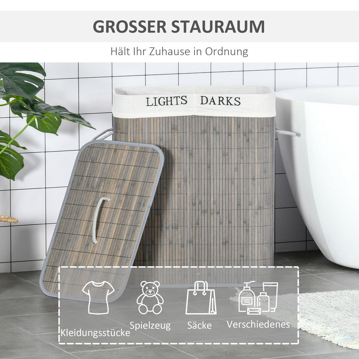 Laundry basket 100L with 2 compartments made of bamboo, folding lid with handle, removable and washable bag in gray