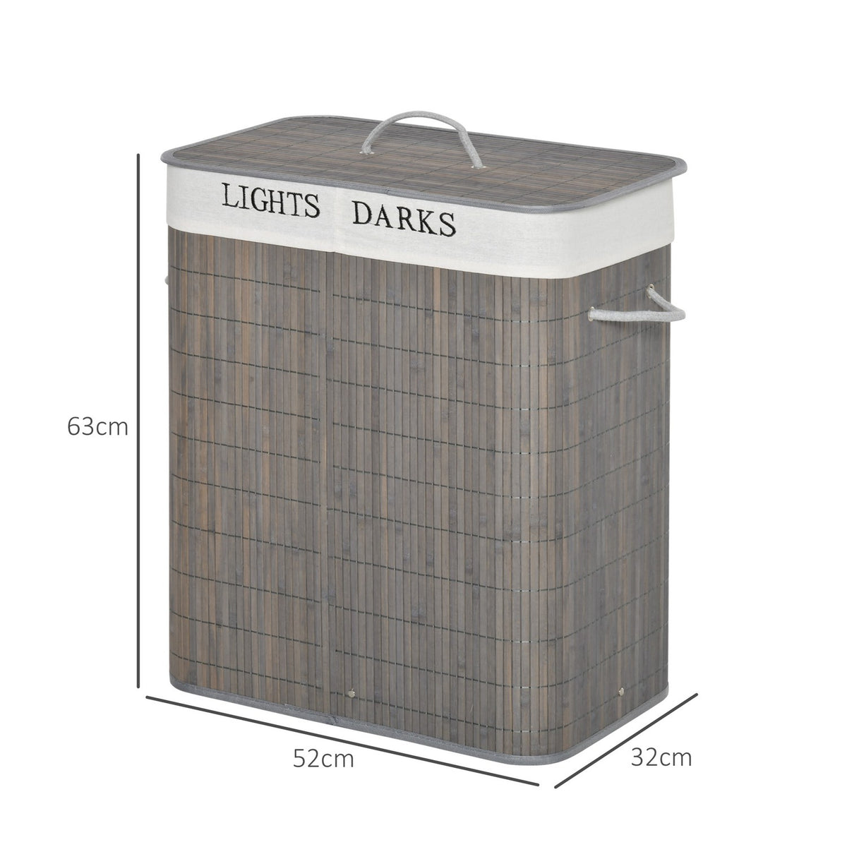Laundry basket 100L with 2 compartments made of bamboo, folding lid with handle, removable and washable bag in gray