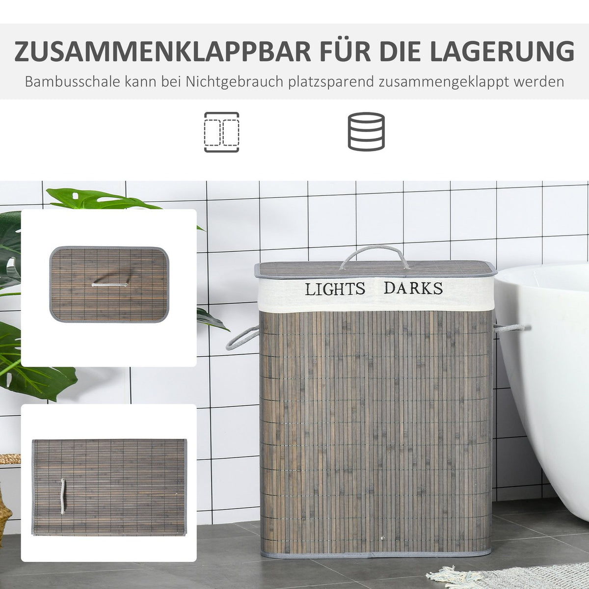 Laundry basket 100L with 2 compartments made of bamboo, folding lid with handle, removable and washable bag in gray