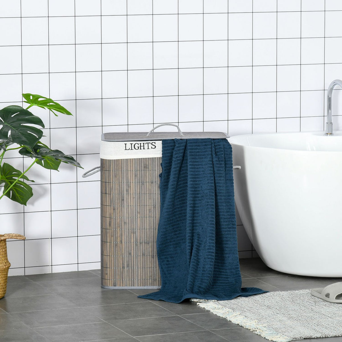 Laundry basket 100L with 2 compartments made of bamboo, folding lid with handle, removable and washable bag in gray