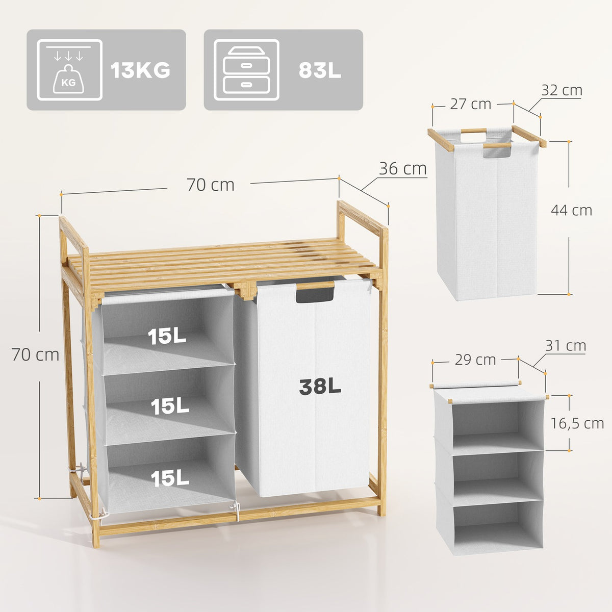 Laundry basket 4 compartments laundry collector with 2 pull-out & removable laundry bags made of non-woven fabric, shelf 83L laundry box with handle laundry sorter 70 x 36 x 70 cm bamboo white