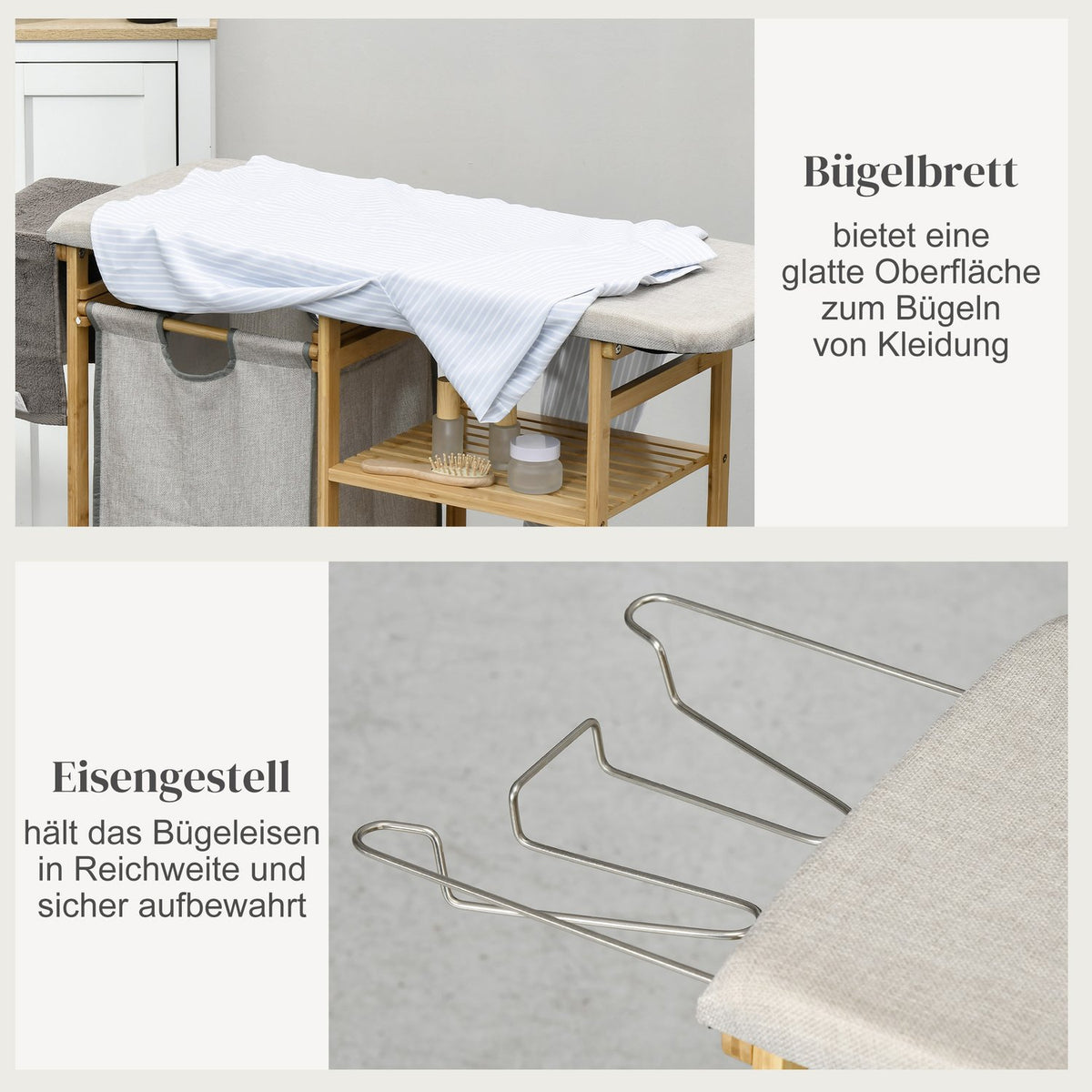Laundry basket 57.4 L laundry basket with ironing board, iron, laundry box with 3-tier shelf, extendable and removable bag