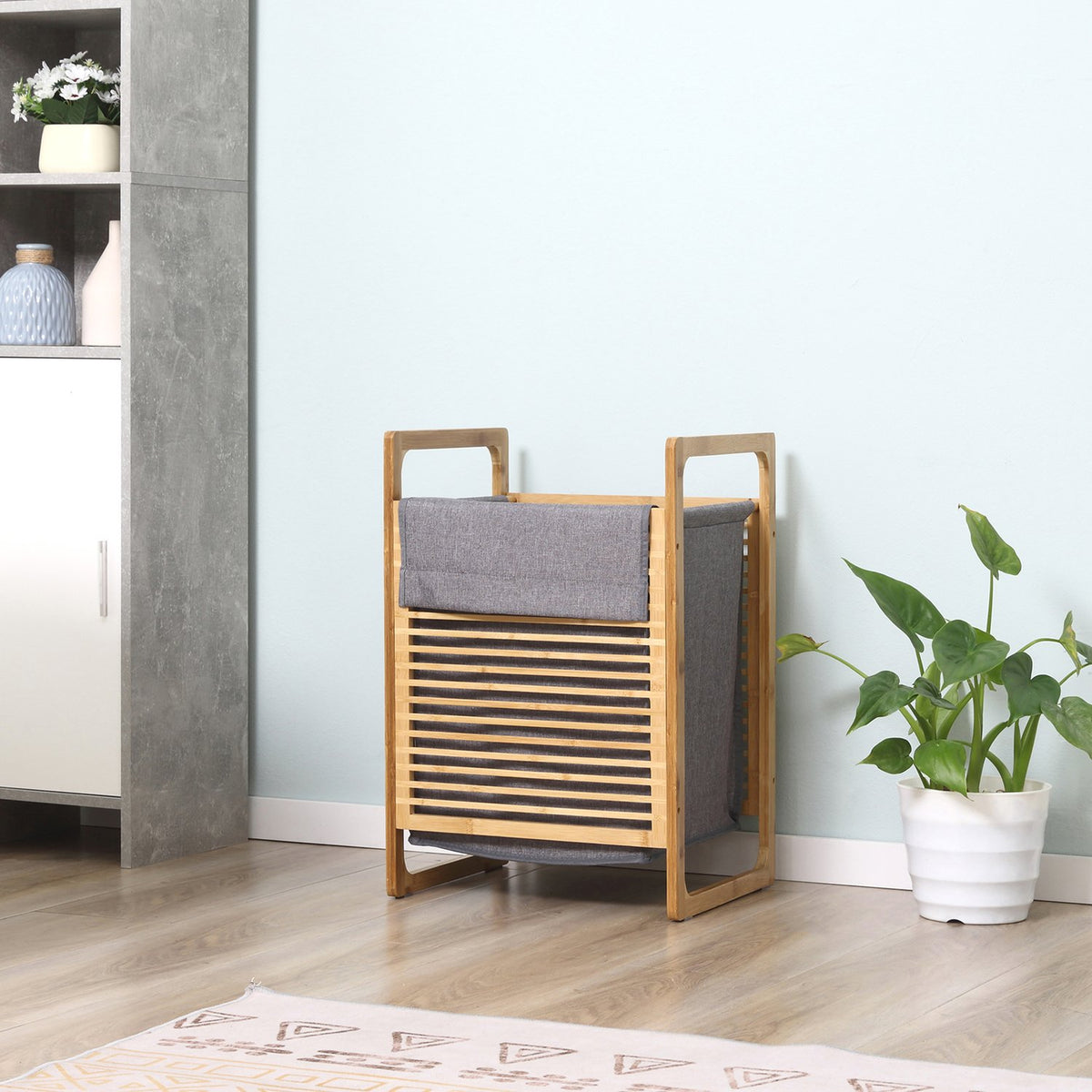 Laundry basket with lid, laundry collector, laundry box with washable laundry bag, cloth bag, bamboo, polyester, natural + gray, 40x35x60.5cm