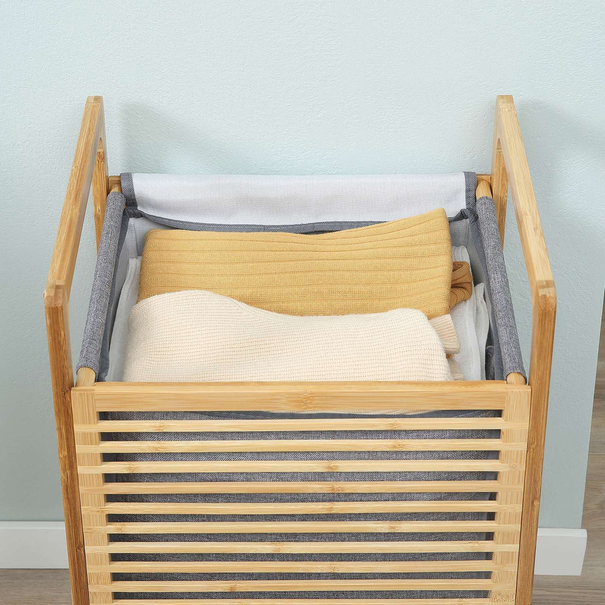 Laundry basket with lid, laundry collector, laundry box with washable laundry bag, cloth bag, bamboo, polyester, natural + gray, 40x35x60.5cm