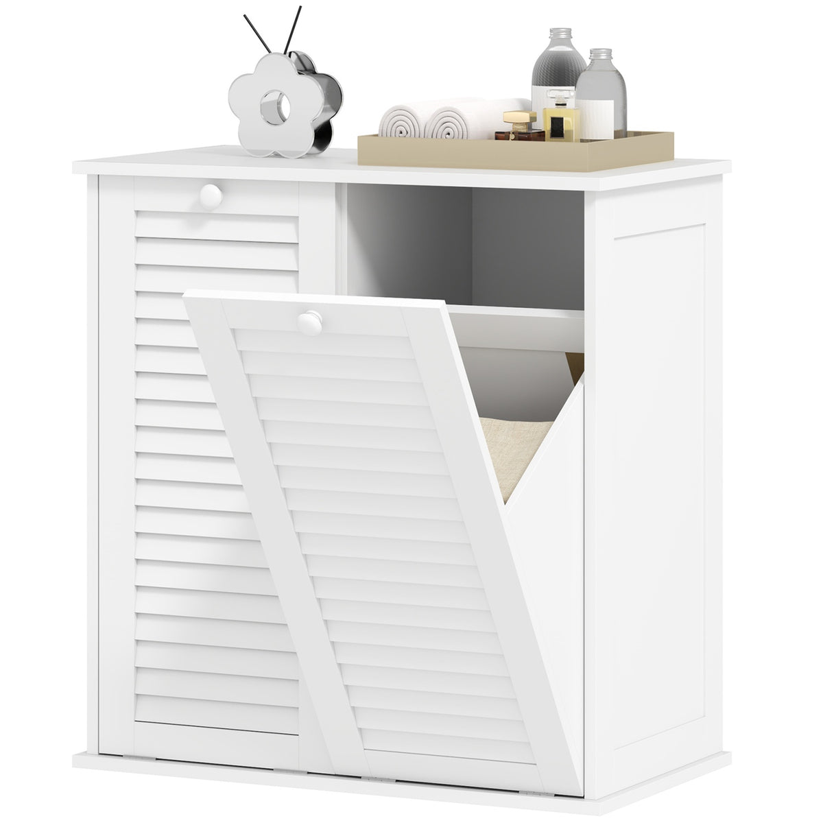 Laundry cabinet, bathroom cabinet with 2 laundry baskets, bathroom cabinet with handles, slatted doors, laundry basket, bathroom furniture for bathroom, 70 x 38 x 73 cm, white
