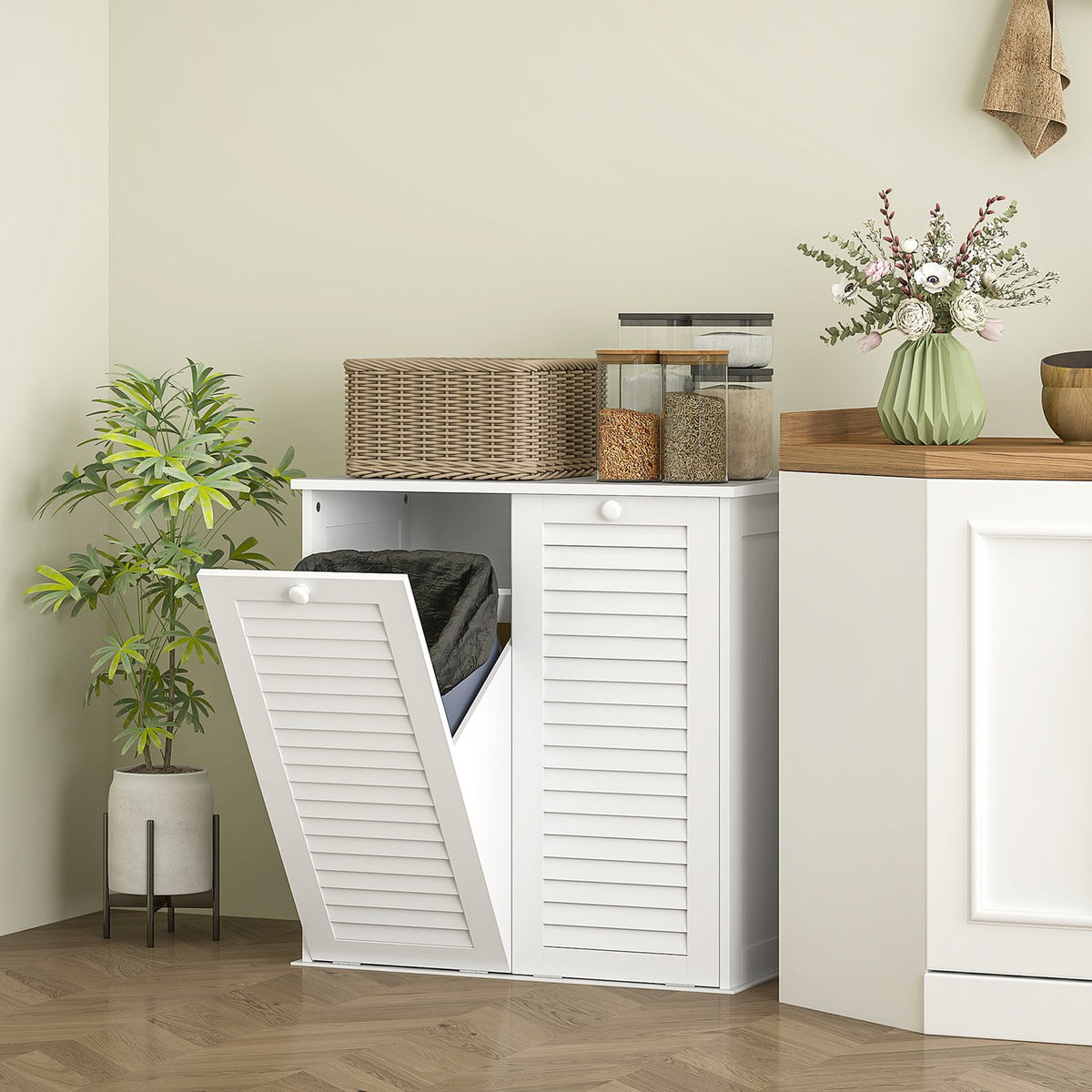 Laundry cabinet, bathroom cabinet with 2 laundry baskets, bathroom cabinet with handles, slatted doors, laundry basket, bathroom furniture for bathroom, 70 x 38 x 73 cm, white