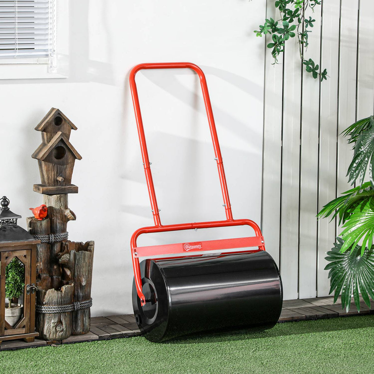 Lawn roller 50cm wide, garden roller can be filled with 38L water/62kg sand, hand roller with U-shaped handle, lawn roller made of steel, field roller, red