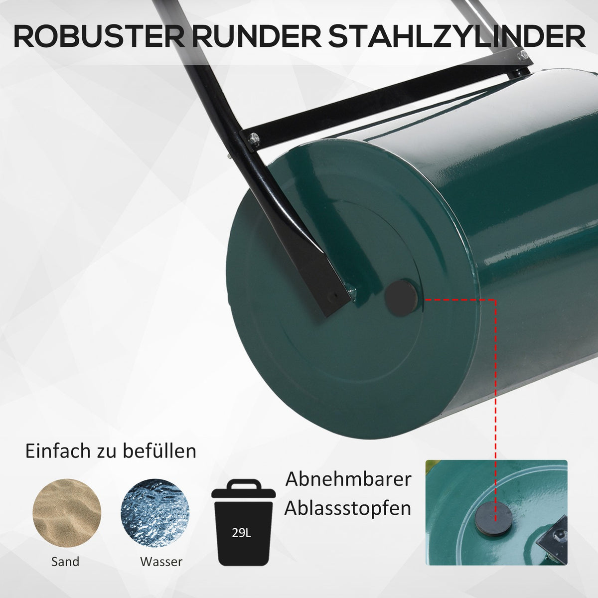 Lawn roller garden roller garden roller with U-handle 31 cm diameter 30 cm working width 40 L water/sand filling metal green