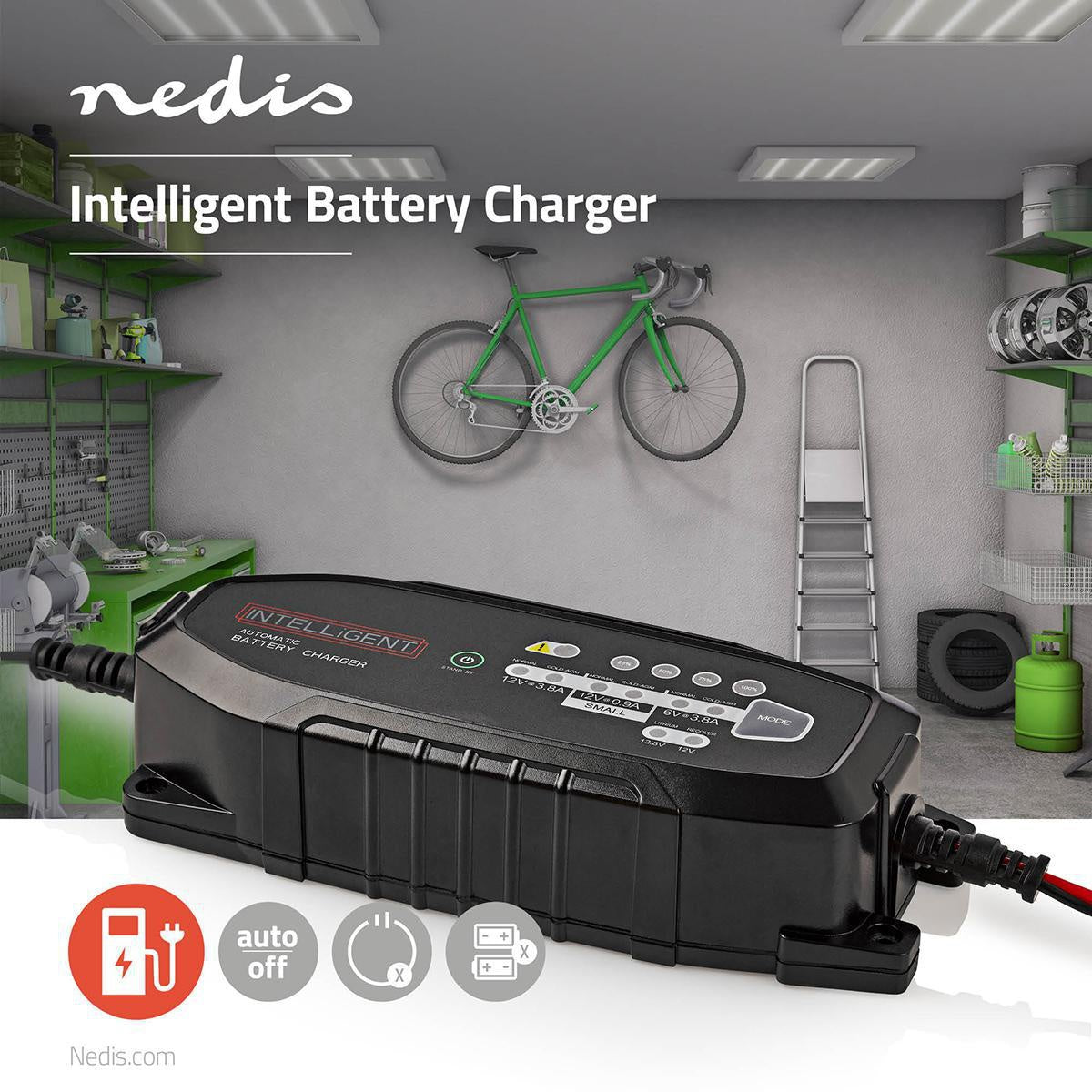Lead Acid Battery Charger | 6 / 12 / 12.8 V DC | 3.8 A| Maintenance charge | Euro / Type C (CEE 7/16) | Battery Clamps | Battery type energy: AGM / Lead-acid / Gel / SLA / VRLA | Black